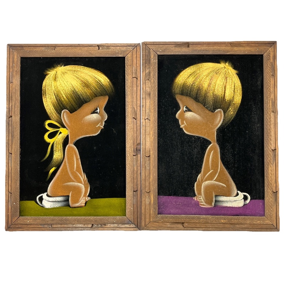 Vintage Velvet Art Big Eye Boy Girl Toilet Bathroom Potty Set Two Paintings
